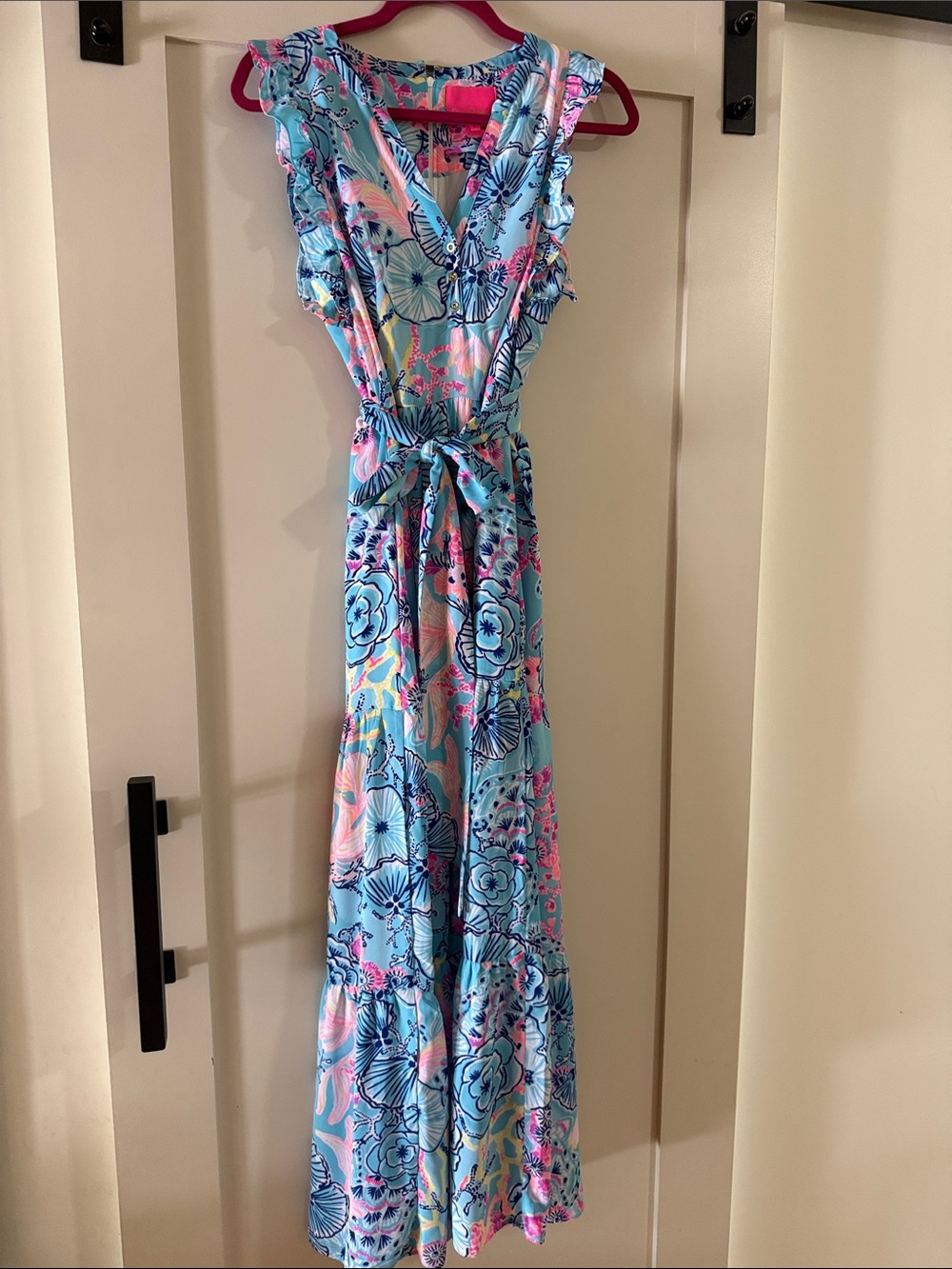 Lilly Pulitzer Light Blue Floral Maxi Dress with Pink & Navy Accents